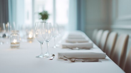 long elegant dining table set for gala dinner with elegantly arranged silverware minimalist decor and inviting atmosphere