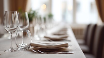 long elegant dining table set for gala dinner with elegantly arranged silverware minimalist decor and inviting atmosphere