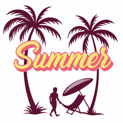 Retro Summer Holiday Vector Illustration With Palm Trees And Vacation Scene