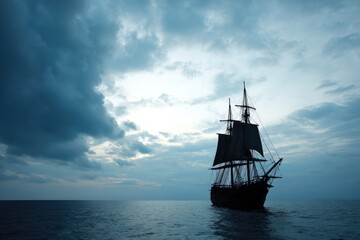 majestic pirate ship with grand sails navigates open sea perfectly silhouetted against vast sky
