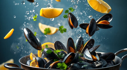 A vibrant, close-up shot of fresh mussels in a pan with lemons and herbs. A dynamic composition captures the motion of ingredients splashing and falling.