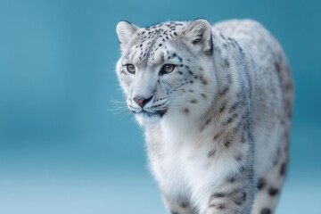 Naklejka premium majestic snow leopard prowling vibrant neon blue background