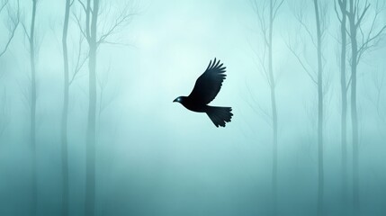Fototapeta premium bird, its outline faint, flying through a shadowy forest with only its eyes glowing