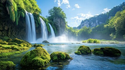 Fototapeta premium A river flowing over moss covered rocks with a beautiful waterfall flowing down a high cliff with a blue sky background wallpaper AI generated image