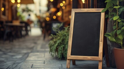 Weathered wooden chalkboard propped against restaurant exterior, adjacent to outdoor dining area, awaiting personalized messaging