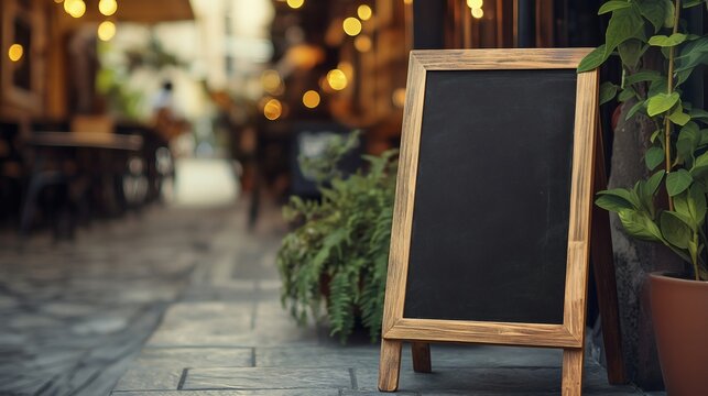 Weathered wooden chalkboard propped against restaurant exterior, adjacent to outdoor dining area, awaiting personalized messaging