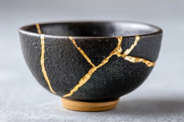 Kintsugi art highlights repair with gold in a black ceramic bowl displayed on a sleek surface