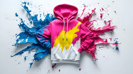 Vibrant hoodie with pink and yellow splashes against a blue and pink paint backdrop, showcasing fashion design