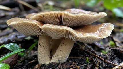 Brown mushrooms growing in forest soil. Nature photography for websites