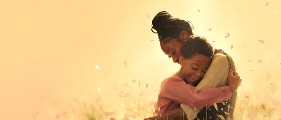 happy mother's day 2025 modern, sunny design with tender pair: african mother and her son hugging over bright, positive background; copy space