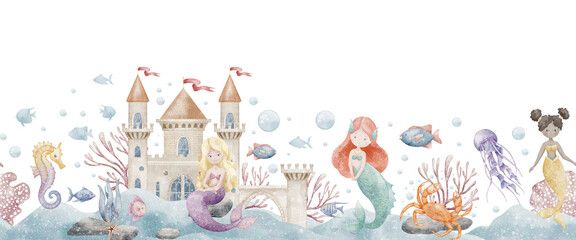 Seamless underwater illustration with Mermaids, fish, castle, and sea creatures. Illustration of watercolor template for a baby invitation, greeting card, background, or frame. Nautical border. © Alisles