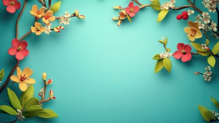 Fototapeta premium Floral Branch Arrangement with Red and Yellow Blooms on Turquoise Background