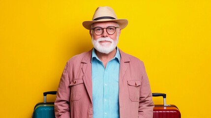 An elderly white man retiree with packed suitcases against a vibrant yellow background with copy space representing the increased travel opportunities often associated with retirement
