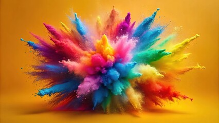 Obraz premium Vibrant multicolored powder explosion on a golden background, a stunning visual spectacle of color and movement