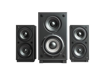 Fototapeta premium Three black speakers with visible drivers arranged against a black background in a studio setting