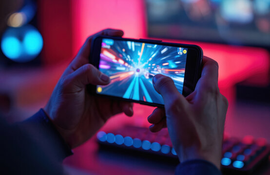 Gamer playing intense mobile game on smartphone. Bright neon room. Player using mobile phone. Modern mobile games, esports, competition. Night, home, app, online play. Professional, competition, - Powered by Adobe