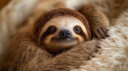 Fototapeta premium Adorable baby sloth snuggled in a soft blanket, looking directly at the camera with a sweet expression.