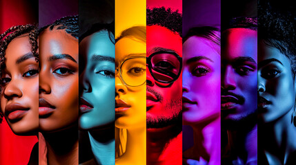 Modern collage portrait featuring diverse individuals highlighted in vibrant color strips. Concept of unity, inclusion, and multicultural society.


