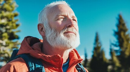 A senior white man retiree hiking in a forest enjoying the sun, embodying the freedom to explore and connect with nature in retirement
