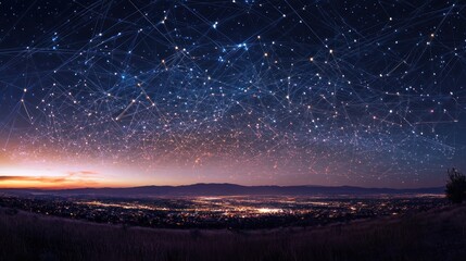 Fototapeta premium The night sky filled with floating technological lines resembles a vast digital constellation. background wallpaper AI generated image