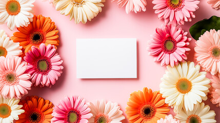 Blank white card mockup surrounded by a frame of vibrant pink, orange, and white gerbera daisies. Cheerful spring flat lay.