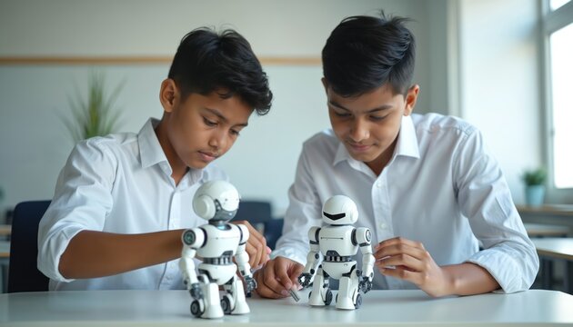 Two young indian students in white shirts work on robotic project in classroom. Children, boys study, learn coding, programming, use laptop. Education, stem, AI, future technology. Innovation,