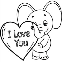 Cute cartoon baby elephant with a pink heart for a sweet Valentine's Day greeting coloring page