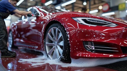 Red car wash, garage, foam, worker
