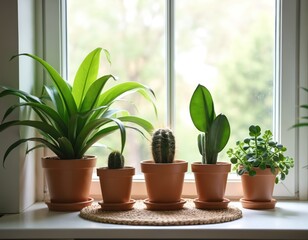 Fototapeta premium Variety of potted houseplants on windowsill. Sansevieria, cactus, succulents, spathiphyllum creating urban jungle interior. Green leaves, white window, eco decor, home garden. Lifestyle, hobby,