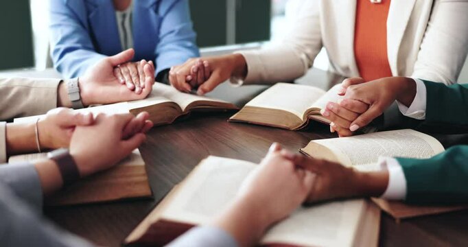 Holding hands, bible study and prayer group with worship, faith and believe with religion. Closeup, Christian and people with respect, gratitude and holy scripture with guidance, learning and God