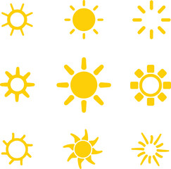 Sun vector set of six in yellow color on white background. Sun simple icons collection. Yellow sun icon set, sunshine and solar glow, sunrise or sunset. Vector illustration.