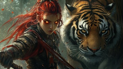 A legendary warrior woman with red hair stands next to a striped tiger. background wallpaper AI generated image