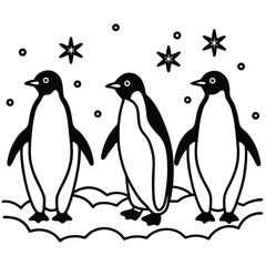Three Penguins Line Art Minimalist Black and White Design