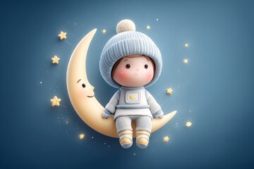 Fototapeta premium Cute cartoon astronaut floating next to a smiling moon and stars