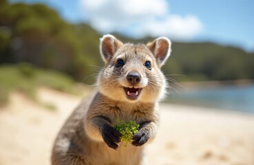 Fototapeta premium Quokka, world happiest animal, smiles. Cute wild mammal on Rottnest Island, Perth, Australia. Happy furry rodent welcomes you. Funny animal portrait on beach sand during summer. Joyful mood.