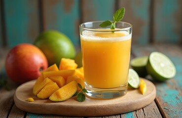 Fototapeta premium Refreshing Aam Panna mango drink recipe. Glass full of vitamin rich juice. Fresh raw mango, mint, lime slices, fruits on wooden board on rustic table. Ideal for summer, juice bar menu, healthy