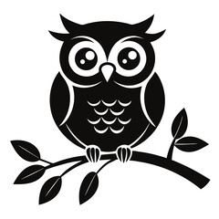 Black Silhouette Owl Perched on Branch with Leaves