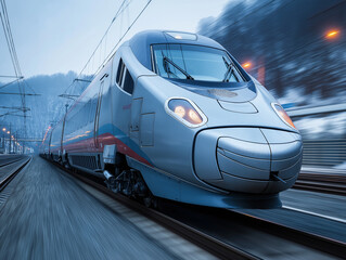 Fototapeta premium high-speed modern train traveling on railway, high-speed train in landscape and motion blur