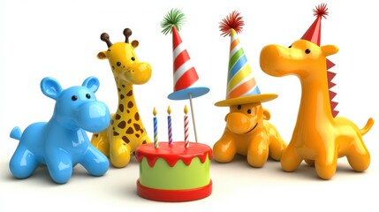 Fototapeta premium Cartoon animals celebrating birthday party colorful setting fun imagery joyful atmosphere playful concept