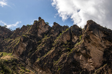Silhouette of mountain peaks on a clear day. A chain of mountain peaks against a blue sky without clouds. Mountain slopes are covered with sparse greenery.
