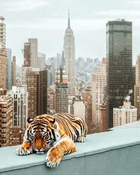 Majestic Tiger Overlooking New York City Skyline with Empire State Building