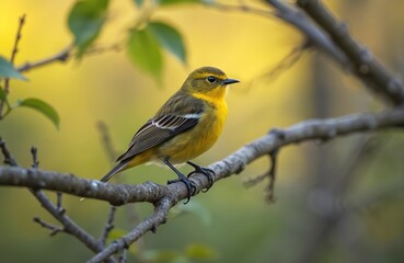 Fototapeta premium Yellow-rumped warbler bird sits on tree branch. Small wild avian with yellow feathers. Nature wildlife photo. Birds in habitat, perched on tree branch. Colorful natural background.