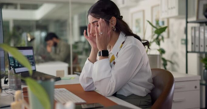 Business woman, headache and computer with burnout, tired and frustrated with project or anxiety in workplace. Person, fatigue or consultant with migraine for stress, brain fog or dizzy with crisis