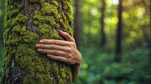 Woman's hand embracing mossy tree trunk, forest background