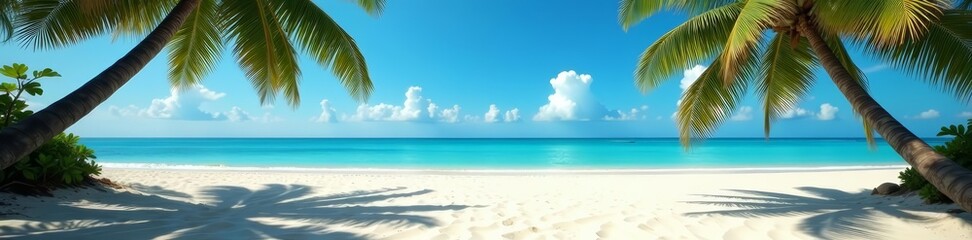 Palm tree shadows on sandy beach with clear blue sky, relaxation, exotic