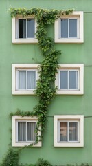 Fototapeta premium Green building facade with climbing vines and white framed windows