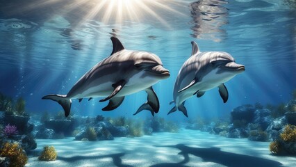 Fototapeta premium Two dolphins swimming in clear blue ocean water with sunlight streaming through the surface