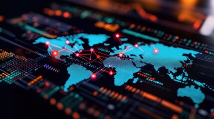 Fototapeta premium Global network connections, digital map, data flow, dark background, tech concept