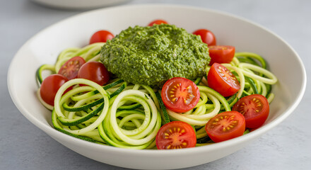 Healthy Zucchini Noodle Bowl with Pesto Sauce and Cherry Tomatoes