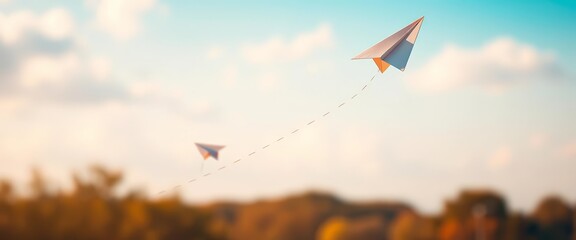 Paper airplane soaring upwards, symbolic of career advancement, success, leap